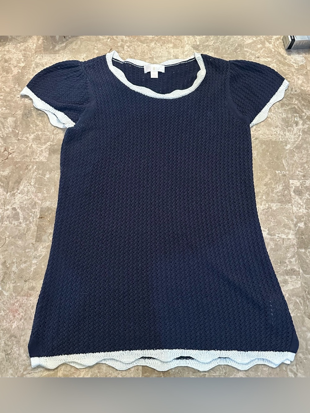 Belle Kim Gravel Short Sleeve Knit Sweater - Oversized Size XXS Navy Blue White